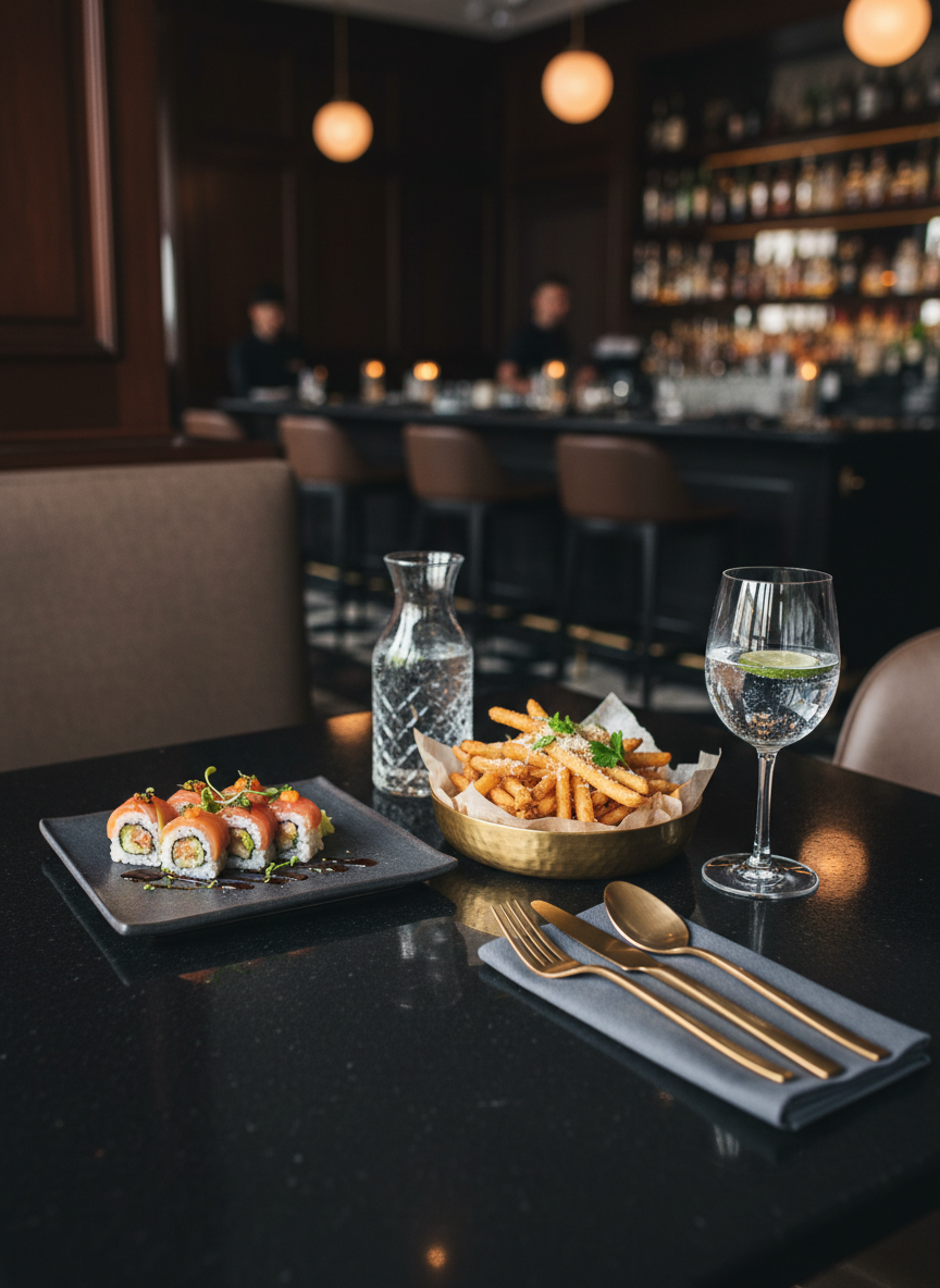 A polished restaurant tabletop featuring a perfectly curated girls-night-out meal spread, without any diners present: a glossy black stone table set with a small plate of artfully arranged sushi rolls, a shallow bowl of truffle fries in a parchment-lined brass dish, and a stemless crystal glass of sparkling water with a single lime wheel. A folded charcoal linen napkin holds minimalist matte-gold flatware. Ambient warm pendant lighting from above creates soft highlights on the glass and subtle reflections on the stone surface, while the background reveals an out-of-focus upscale restaurant interior with dark wood paneling and a well-stocked back bar. Photographic realism with a sophisticated, urban mood, captured at table height with a shallow depth of field to emphasize the food and textures, evoking an indulgent yet tasteful night out for busy professionals.