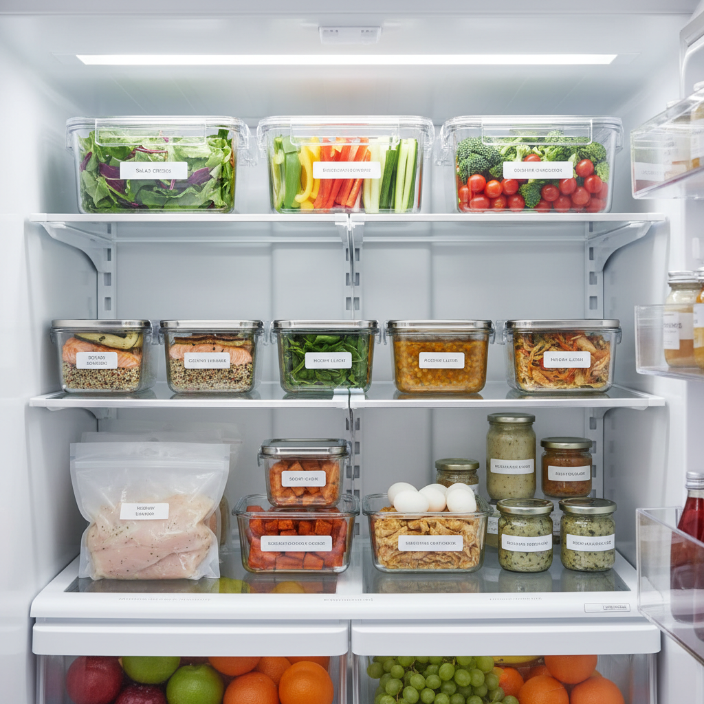 A beautifully arranged Sunday-night fridge interior designed for an efficient workweek: clear acrylic bins neatly holding pre-washed salad greens, cut vegetables in labeled glass containers, and individually portioned semi-homemade meal components like marinated chicken in reusable silicone bags and roasted sweet potatoes. On a tempered glass shelf sits a row of matching glass meal-prep containers with brushed stainless lids, each revealing layered lunches. The interior LED fridge lighting creates crisp, cool illumination, making the colors of the produce vivid while casting soft shadows on the containers. Photographic realism with a clean, organized mood, shot straight-on at eye level with sharp focus throughout, emphasizing tidy rows and symmetry. The aesthetic is modern and sophisticated, evoking the quiet satisfaction of being fully prepared for a demanding week while still prioritizing nourishment and ease.