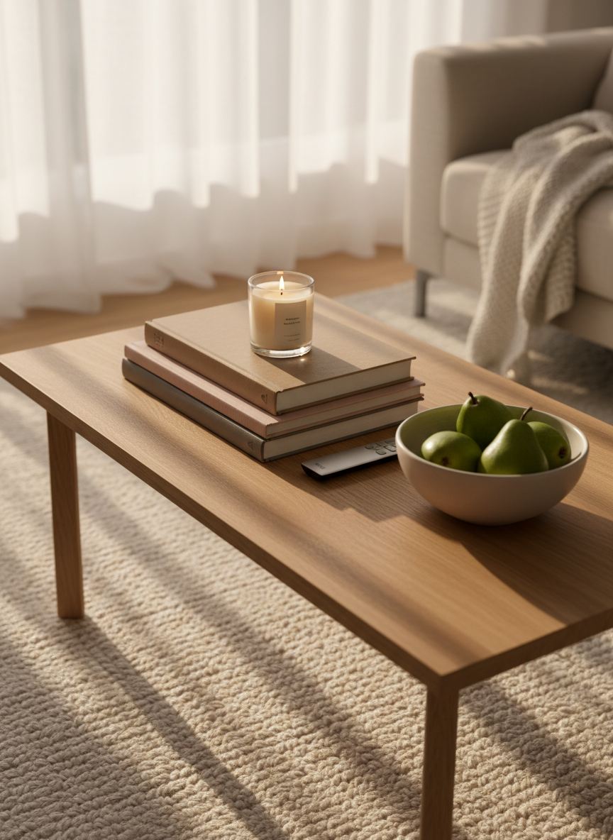 A chic coffee table styled for a quick lifestyle reset: a stack of three hardback design books in muted taupe, blush, and charcoal tones, topped with a single lit white soy candle in a clear glass jar, its flame casting a delicate glow. Beside it rests a sleek ceramic bowl filled with perfectly ripe green pears and a slim remote control tucked against the book spines. The table is a light oak surface with visible grain, set atop a soft, textured ivory rug. Golden hour sunlight streams through sheer curtains, creating warm streaks of light and gentle shadows. Photographic realism with a calm, sophisticated vibe, shot from a slightly elevated angle following the rule of thirds, leaving the blurred background of a neutral sofa and throw blanket as understated context for a polished yet lived-in living room.