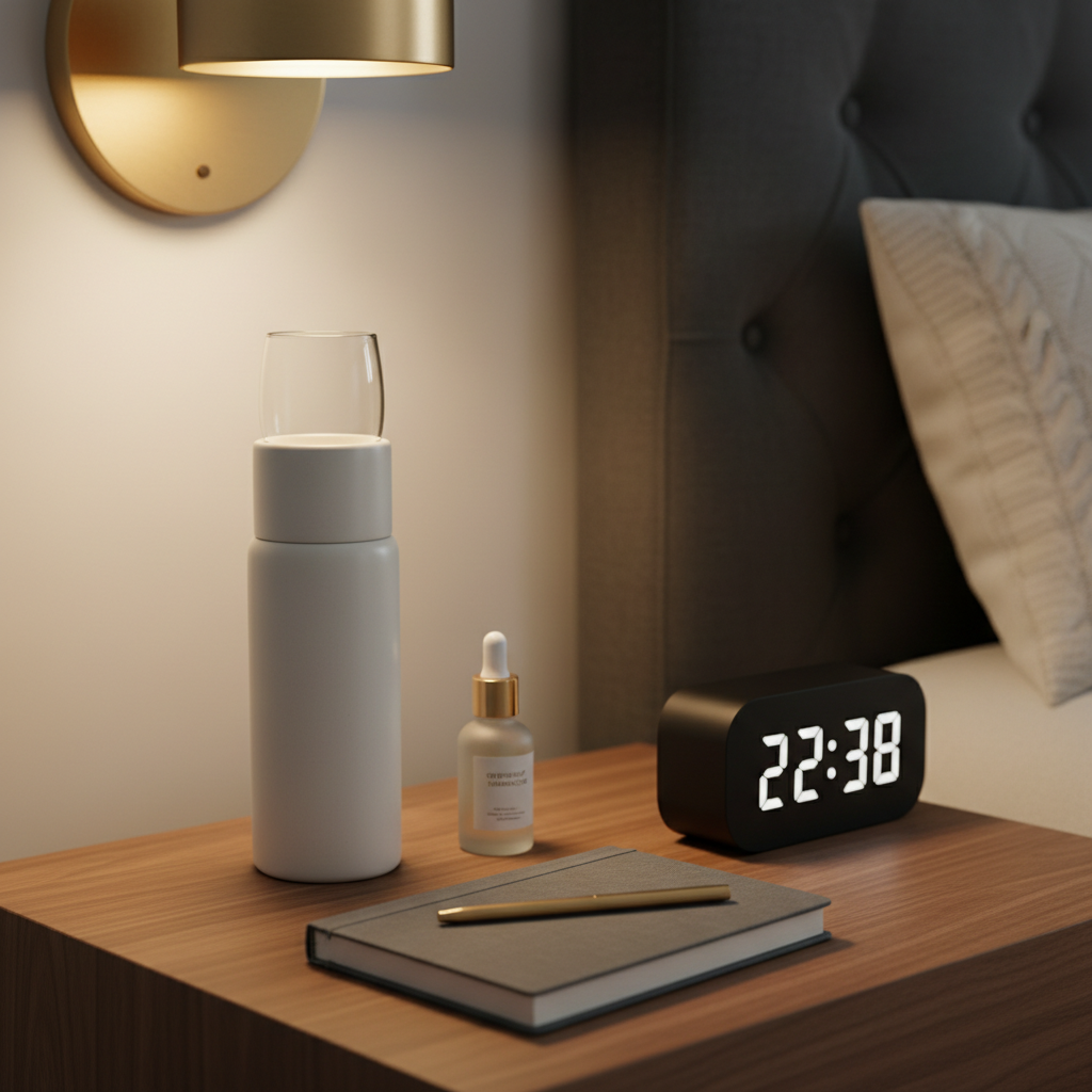 A luxe nightstand vignette capturing a quiet end-of-day ritual: a slim, matte ceramic carafe with a matching drinking glass, a closed linen-bound journal with a brass pen resting diagonally across it, and a small frosted glass bottle of overnight facial oil on a smooth walnut surface. A minimalist digital clock sits nearby, its soft white numbers glowing. Warm, dimmable sconce light from the wall above creates a gentle pool of golden light, leaving the background in soft shadow, where the outline of a plush headboard and textured throw pillow are barely visible. Photographic realism with a tranquil, sophisticated mood, composed using rule of thirds with shallow depth of field to keep the focus on the curated objects, evoking a sense of intentional, restorative self-care for someone with a full, demanding life.