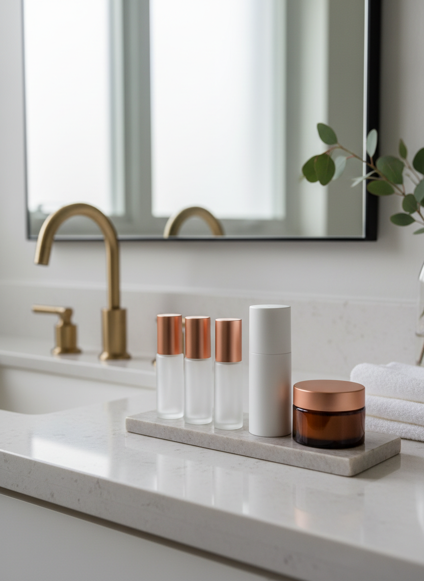 An elegant bathroom vanity scene featuring a curated skincare routine for a busy career mom: a row of frosted glass serum bottles with matte rose-gold caps, a minimalist white airless pump moisturizer, and a glossy amber cleansing balm jar, all aligned on a narrow polished stone tray. The vanity surface is pale quartz with subtle shimmer, beside a modern undermount sink and brushed brass faucet. Soft, diffused morning light filters through a nearby frosted window, reflecting gently on the mirror and creating small glints on the metal details. Photographic realism with a clean, sophisticated mood, captured at eye level with a shallow depth of field so the products are crisply in focus while the background hint of folded white towels and a blurred eucalyptus sprig evokes a serene, elevated everyday ritual.