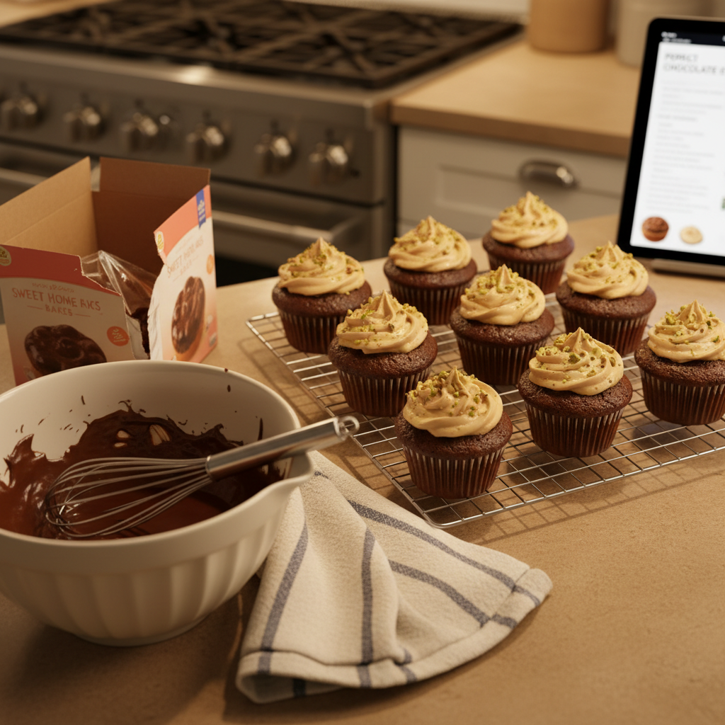 A serene, late-evening kitchen counter showing the aftermath of a quick semi-homemade baking session: a cooling rack with a dozen glossy chocolate-glazed cupcakes made from boxed mix but topped with artfully piped frosting and finely chopped pistachios. A half-open branded cake mix box, a sleek stainless whisk resting on a pale ceramic mixing bowl with streaks of chocolate, and a folded striped dish towel complete the scene on a warm-toned quartz countertop. Under-cabinet LED lighting casts a soft, focused glow, creating subtle reflections on the glaze and gentle shadows behind the objects. Photographic realism with a cozy yet sophisticated mood, shot from a three-quarter overhead angle with a shallow depth of field so the background hint of a high-end stovetop and a blurred recipe card on a tablet feels aspirational but attainable.