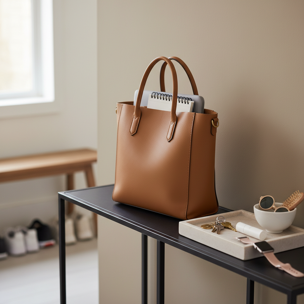 An organized entryway console styled for a busy career mom’s daily exit routine: a slim, matte black metal console table against a soft greige wall, holding a structured camel-colored leather tote bag neatly open to reveal a glimpse of a laptop sleeve and a slim planner. Next to it sits a pale stone catchall tray containing a set of brass keys, a minimalist lip balm tube, and a smartwatch with a blush sport band. A small white ceramic bowl holds kid-size sunglasses and a tiny hairbrush. Soft, diffused daylight from a nearby window illuminates the scene, creating gentle, natural shadows and a calm atmosphere. Photographic realism with a clean, modern aesthetic, shot at eye level with asymmetrical composition, the blurred outline of a bench and shoes in the background hinting at a streamlined but full family life.